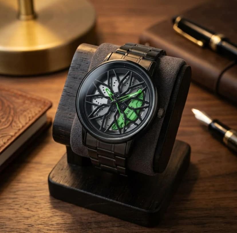Green Wheel Rim Watch - Car Alloy Wheel Sports Wristwatch with Rotating Dial view 4