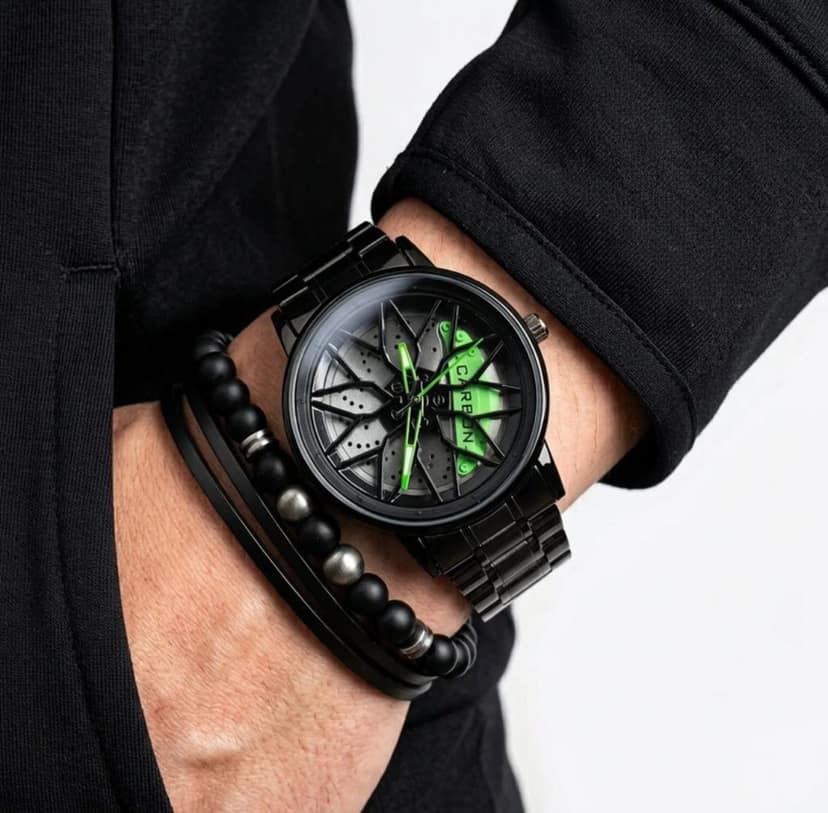Green Wheel Rim Watch - Car Alloy Wheel Sports Wristwatch with Rotating Dial view 5