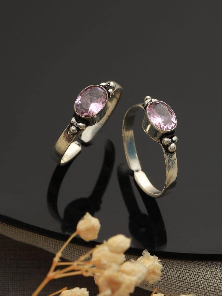 Set Of 2 Silver Plated Pink AD Studded Delicate Adjustable Toe Ring view 2