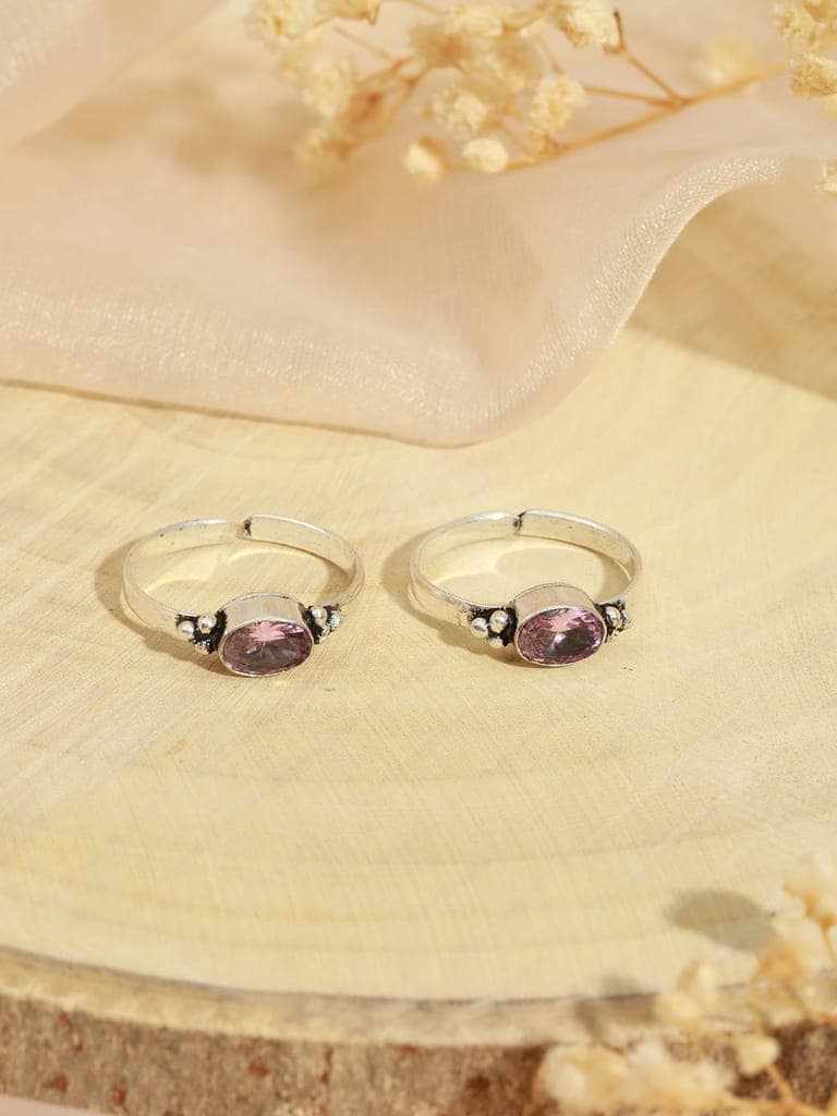 Set Of 2 Silver Plated Pink AD Studded Delicate Adjustable Toe Ring view 6