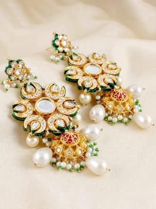 LUCKY JEWELLERY 18K Gold-Plated Kundan Earrings with White for Girls & Women (1320-J5EK-2301-W)