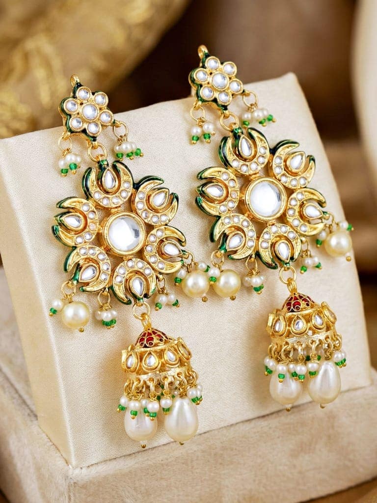 LUCKY JEWELLERY 18K Gold-Plated Kundan Earrings with White for Girls & Women (1320-J5EK-2301-W) view 5