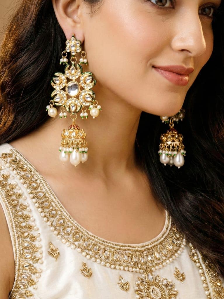 LUCKY JEWELLERY 18K Gold-Plated Kundan Earrings with White for Girls & Women (1320-J5EK-2301-W) view 6