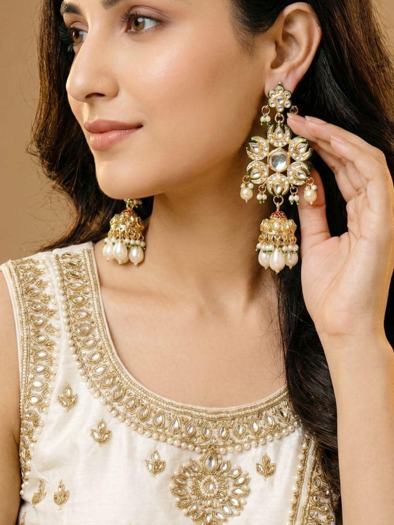 LUCKY JEWELLERY 18K Gold-Plated Kundan Earrings with White for Girls & Women (1320-J5EK-2301-W) view 7