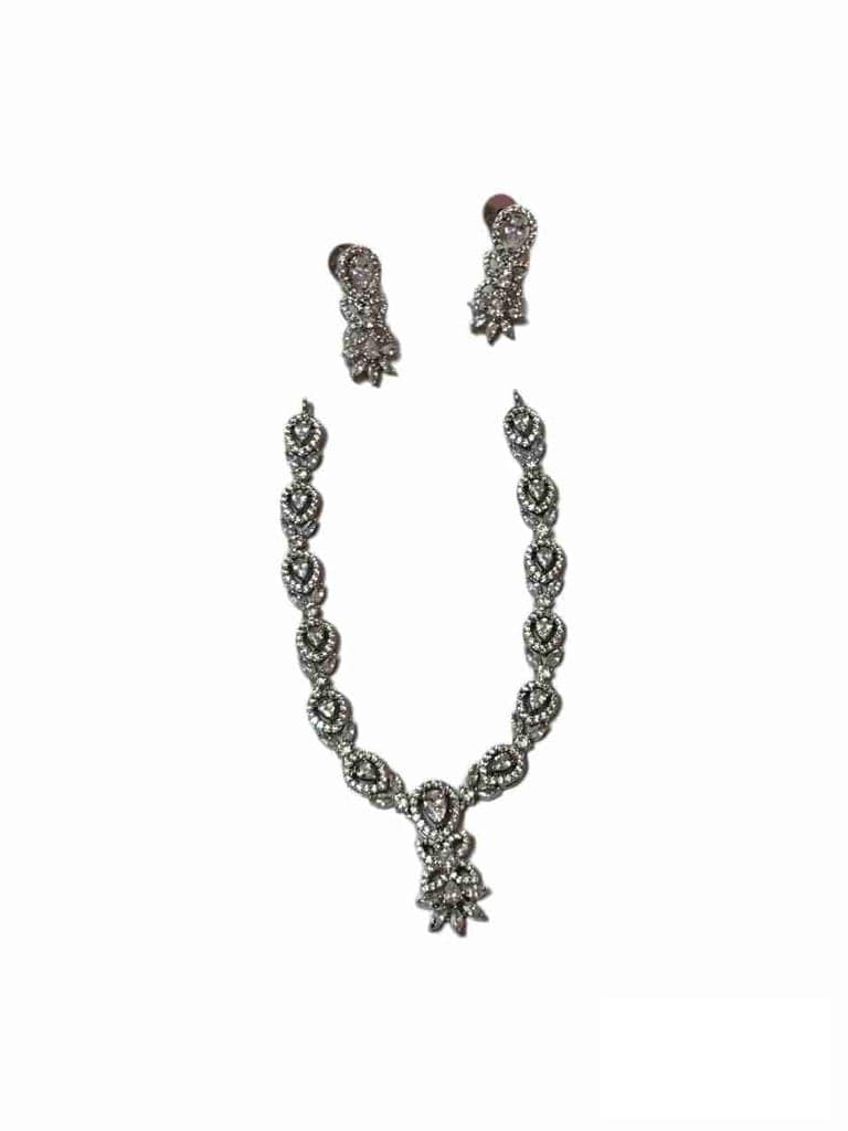 American Diamond Necklace Set with Earrings in Silver Finish