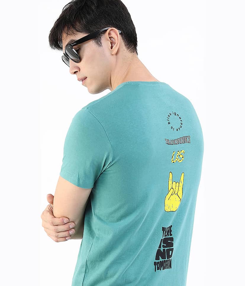 Highlander Men Cotton Slim Fit Printed T-Shirt ( Teal )