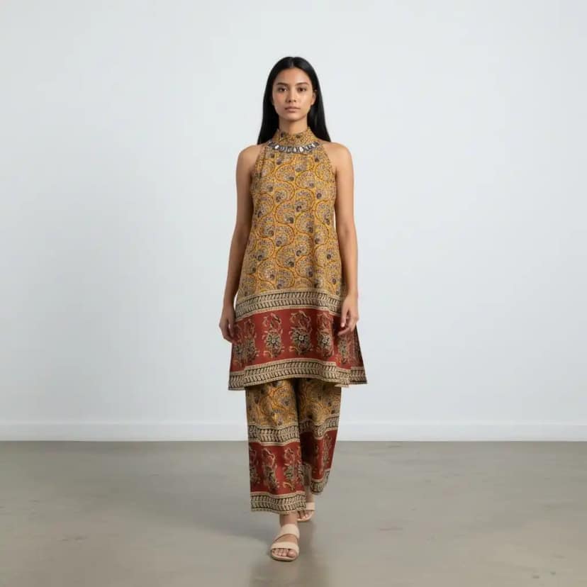 Handloom Cotton Co-Ord Set in Mustard with Paisley Print and Pockets