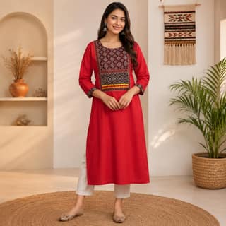 Cotton Kurti- Ajrak Patch Work-XXL