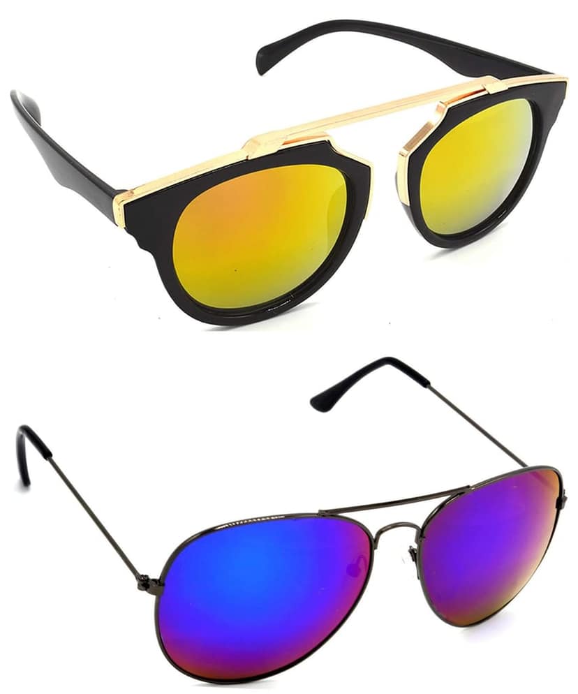 HRINKAR Unisex Wrap-around Sunglasses Golden & Grey Frame, Golden & Pink Lens (Medium) - Pack of 2