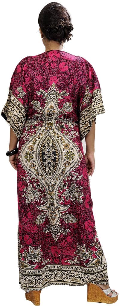 Carmine-Pink Long Printed Kaftan with Dori at Waist view 2