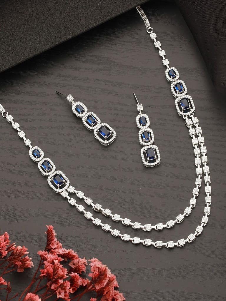 Silver Plated Blue Zircon Studded Double Lined Bridal Designer Jewellery set view 2