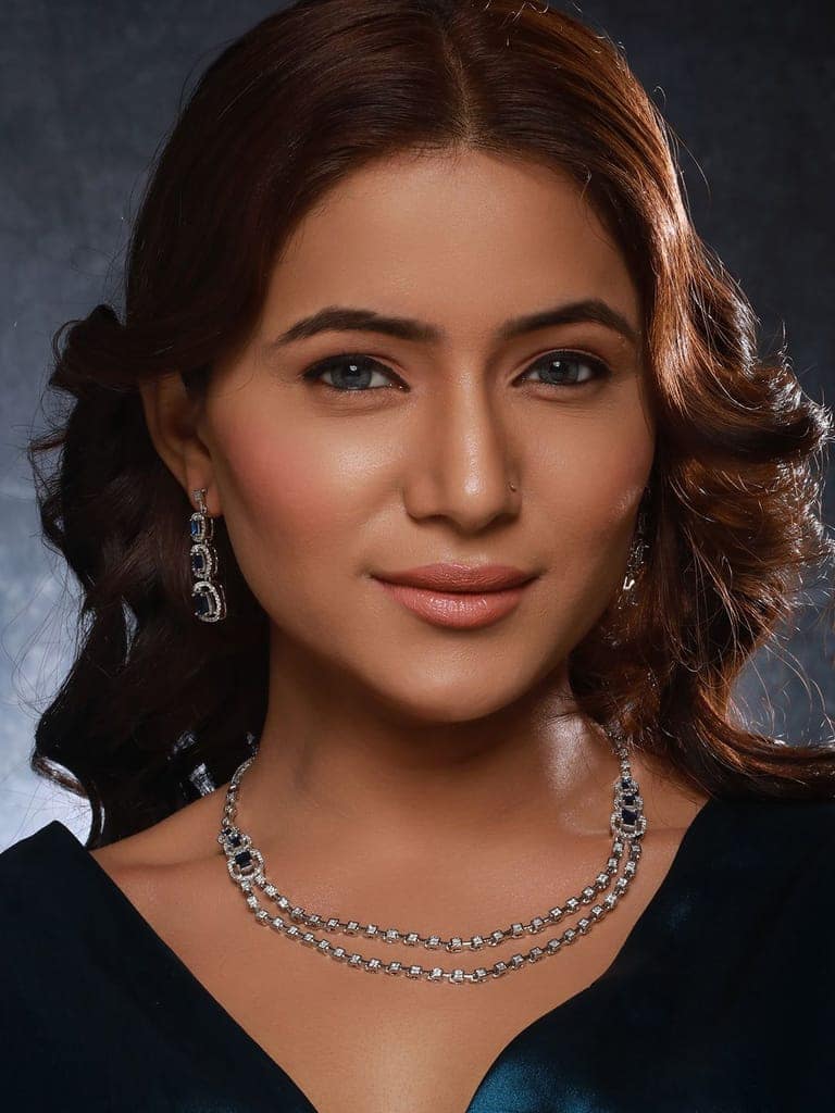 Silver Plated Blue Zircon Studded Double Lined Bridal Designer Jewellery set view 3