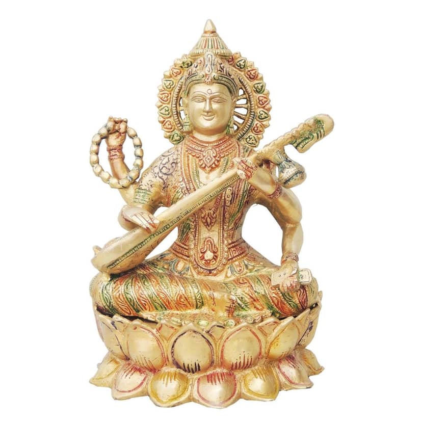 Brass Saraswati Ji God Idol Statue - Handcrafted Home Temple Murti, Height : 11 Inch (BSMAS034) view 2