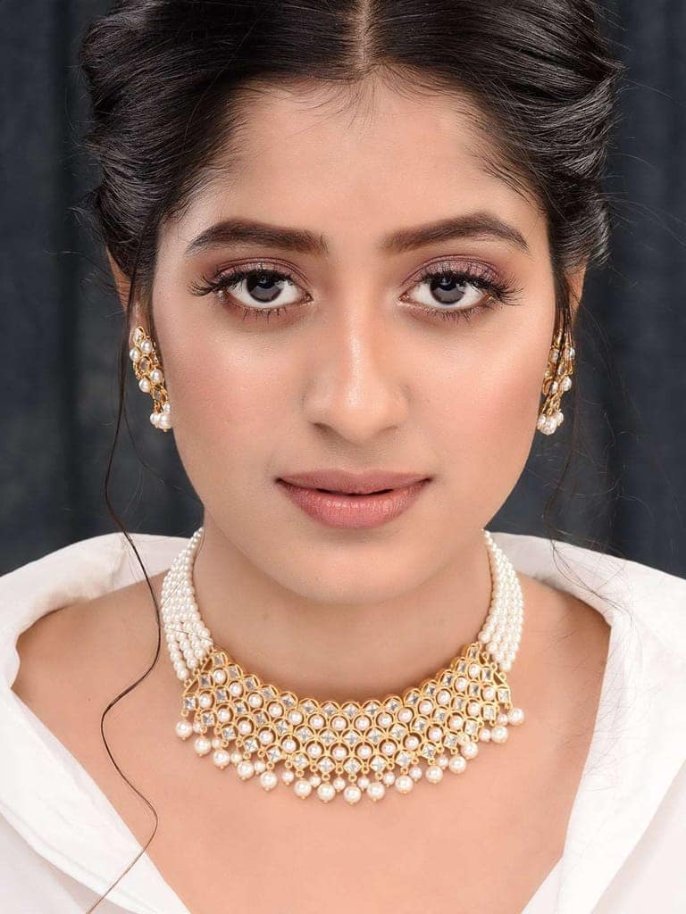 Gold Plated Polki AD Studded Pearl Beaded Intricate Choker Jewellery Set view 2