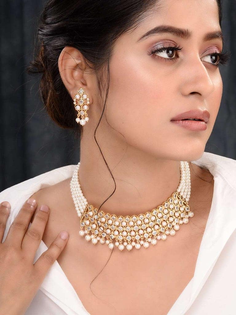 Gold Plated Polki AD Studded Pearl Beaded Intricate Choker Jewellery Set view 3