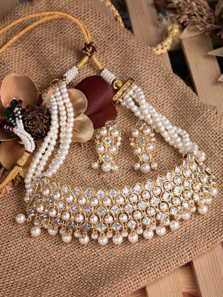 Gold Plated Polki AD Studded Pearl Beaded Intricate Choker Jewellery Set view 4