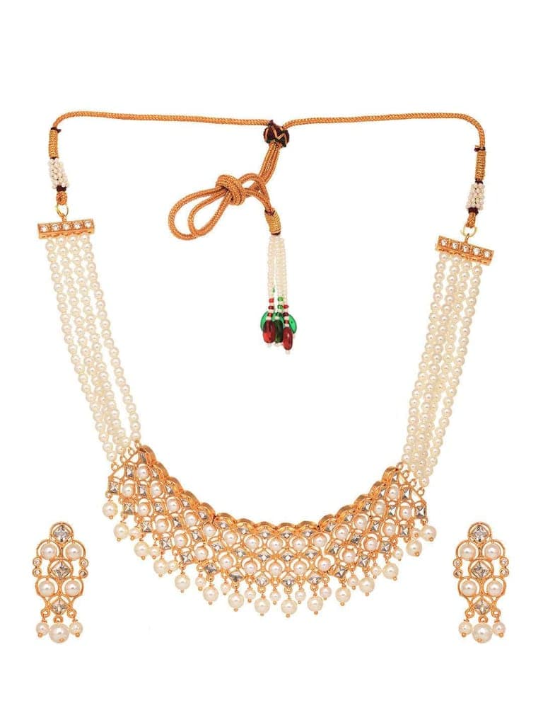 Gold Plated Polki AD Studded Pearl Beaded Intricate Choker Jewellery Set view 5
