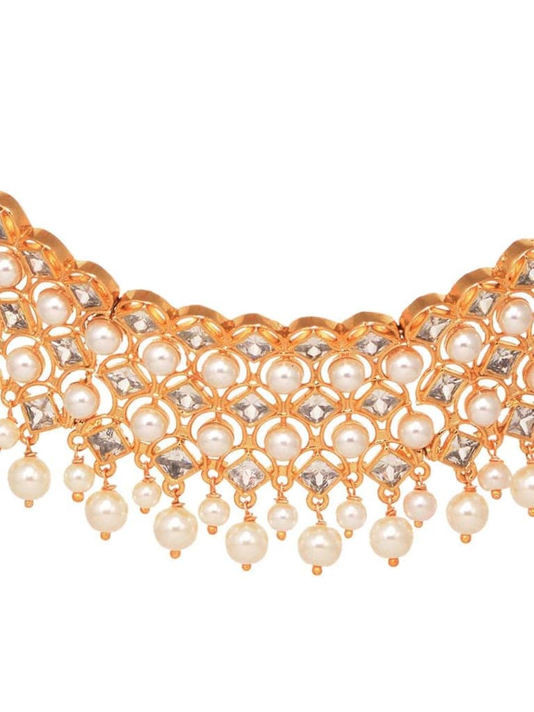 Gold Plated Polki AD Studded Pearl Beaded Intricate Choker Jewellery Set view 8