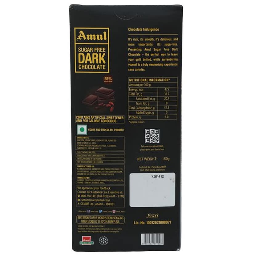 Amul Sugar Free Dark Chocolate, 150 G view 2