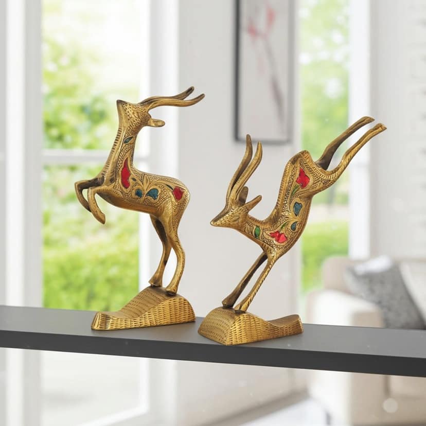 Antique Finish Brass Running Deer Sculpture for Home Decor, Height : 7 Inch (ANMAS023 C)