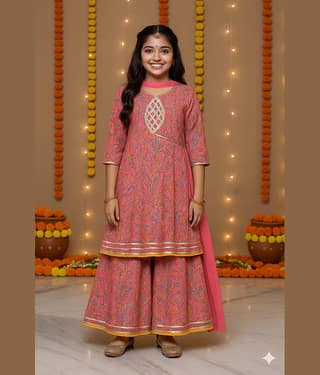 Arshia Fashions Girls Cotton Blend Kurti with Sharara ( Pack of 1 , Pink )