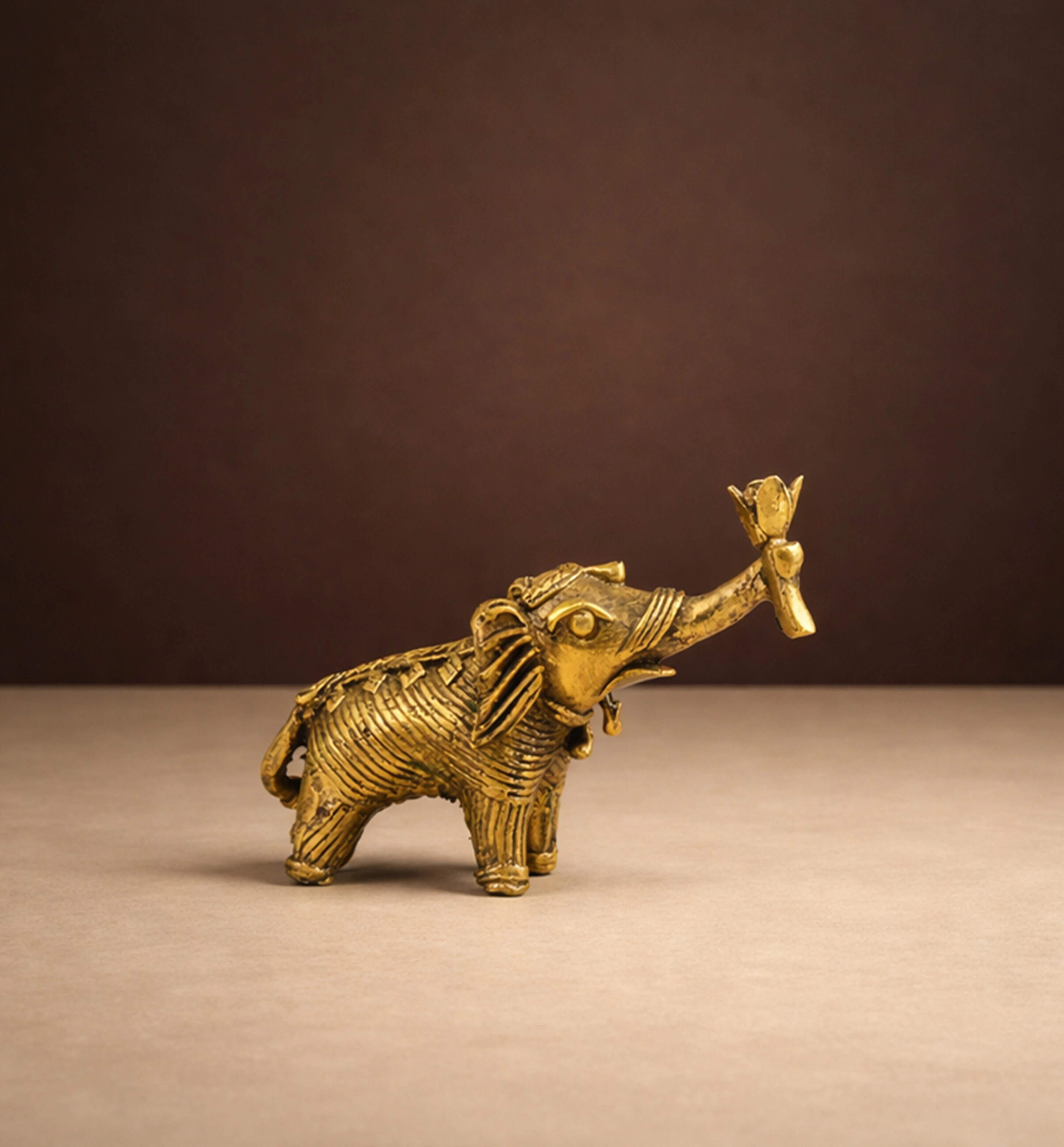 Handcrafted Brass Elephant with Lotus – Small (Decorative Tail) | Bhareva Craft Showpiece