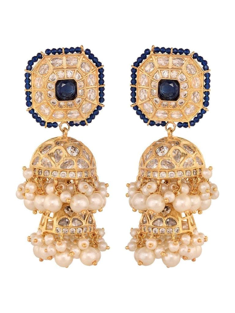Gold Plated Polki Studded Blue Beads Chandelier Jhumka Earrings view 2
