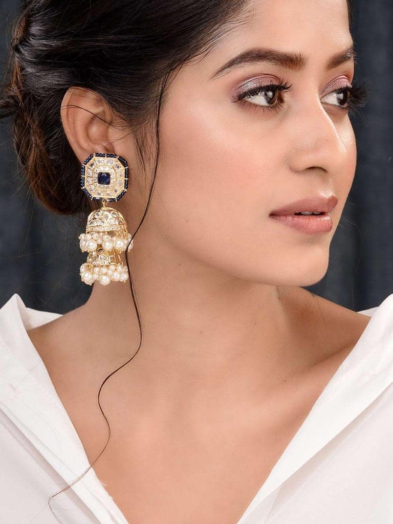 Gold Plated Polki Studded Blue Beads Chandelier Jhumka Earrings view 3