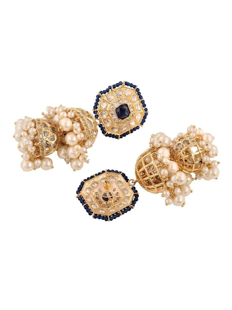 Gold Plated Polki Studded Blue Beads Chandelier Jhumka Earrings view 5