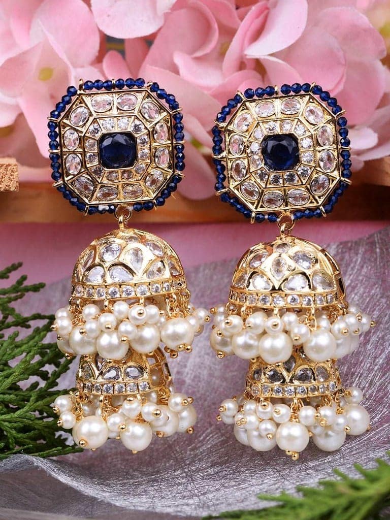 Gold Plated Polki Studded Blue Beads Chandelier Jhumka Earrings view 6