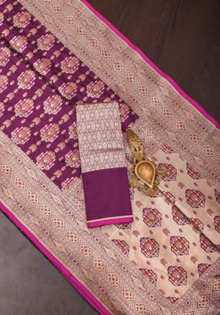 Unique Aubergine Intricate Banarasi Katan silk saree with Meenakari Jaal | SILK MARK CERTIFIED