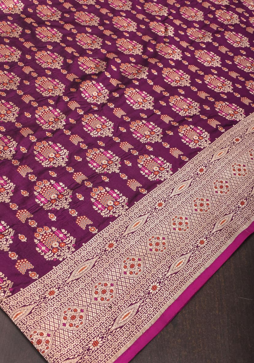 Unique Aubergine Intricate Banarasi Katan silk saree with Meenakari Jaal | SILK MARK CERTIFIED view 5