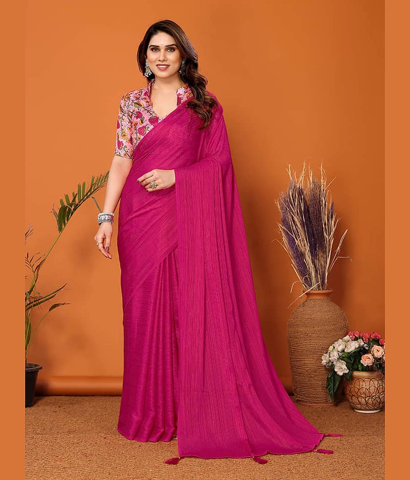 BLEESBURY Chiffon Solid Saree With Unstitched Blouse Piece ( Pink )