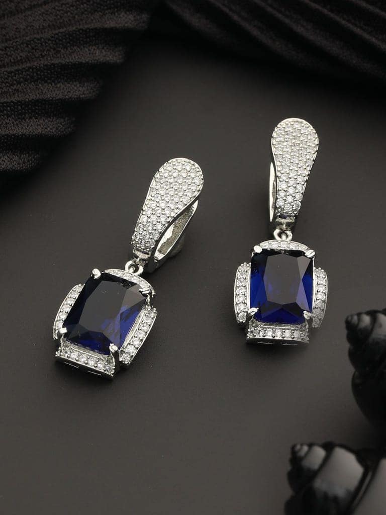 Silver Toned blue AD Studded Designer Hoop Earrings view 2