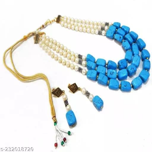 TURQUOISE TUMBLE & SYNTHETIC PEARL NECKLACE ( BLUE) view 3