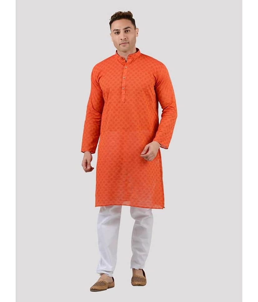 Maharaja - Orange Cotton Blend Regular Fit Men's Kurta Pyjama Set ( Pack of 1 )