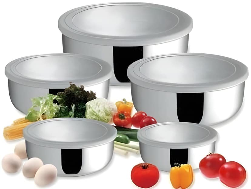 WUGO Stainless Steel Food Storage Bowl Set with Plastic Lid | Multipurpose Kitchen Serving & Mixing Bowl Set | Airtight Storage Containers for Refrigerator | Pack of 5 (Original) view 2
