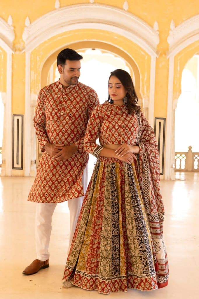 Handblock Printed Cotton Lehanga with Mulmul Dupatta and Kurta Pyjama Combo (Size: 32-46) Brown Color-1852 view 2