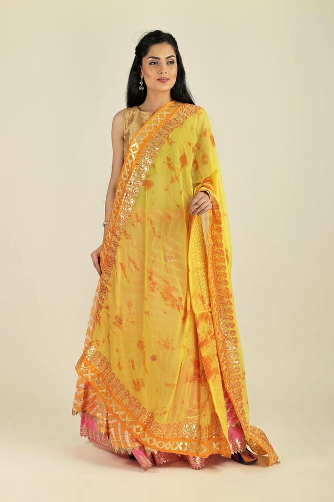 Lemon-Zest Tie & Dye Pattern Digital Print Bemberg Chiffon Extra-Wide Dupatta With Tassels view 2