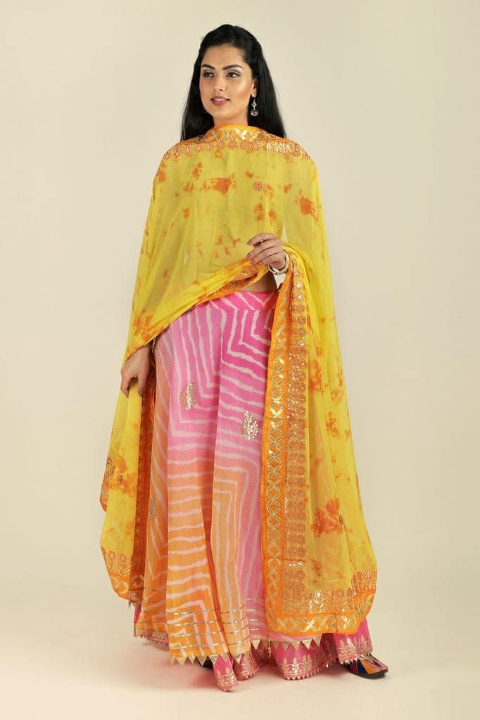 Lemon-Zest Tie & Dye Pattern Digital Print Bemberg Chiffon Extra-Wide Dupatta With Tassels view 4