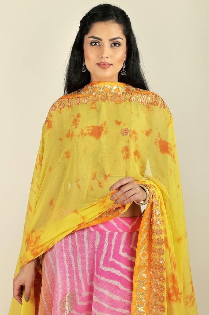 Lemon-Zest Tie & Dye Pattern Digital Print Bemberg Chiffon Extra-Wide Dupatta With Tassels view 5