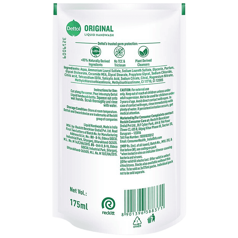 Dettol Liquid Handwash Refill - Original Hand Wash Germ Defence Formula, 10X Better Germ Protection, 175Ml view 2