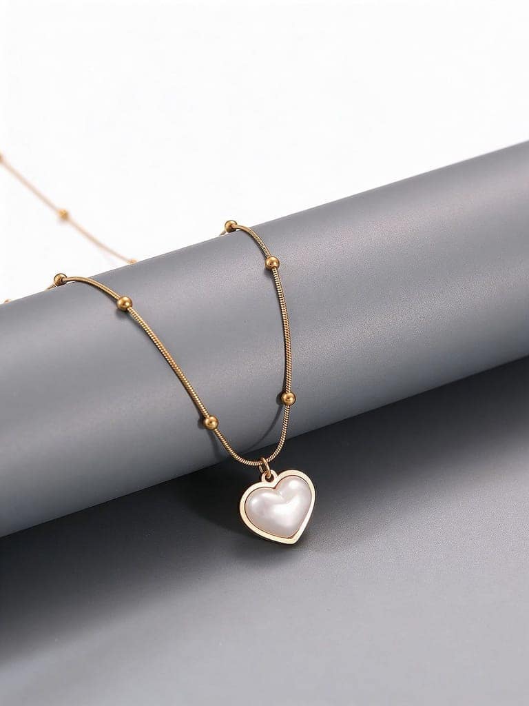 Gold Toned Pearl Beaded Heart Charm Pendant Necklace & Chain view 3