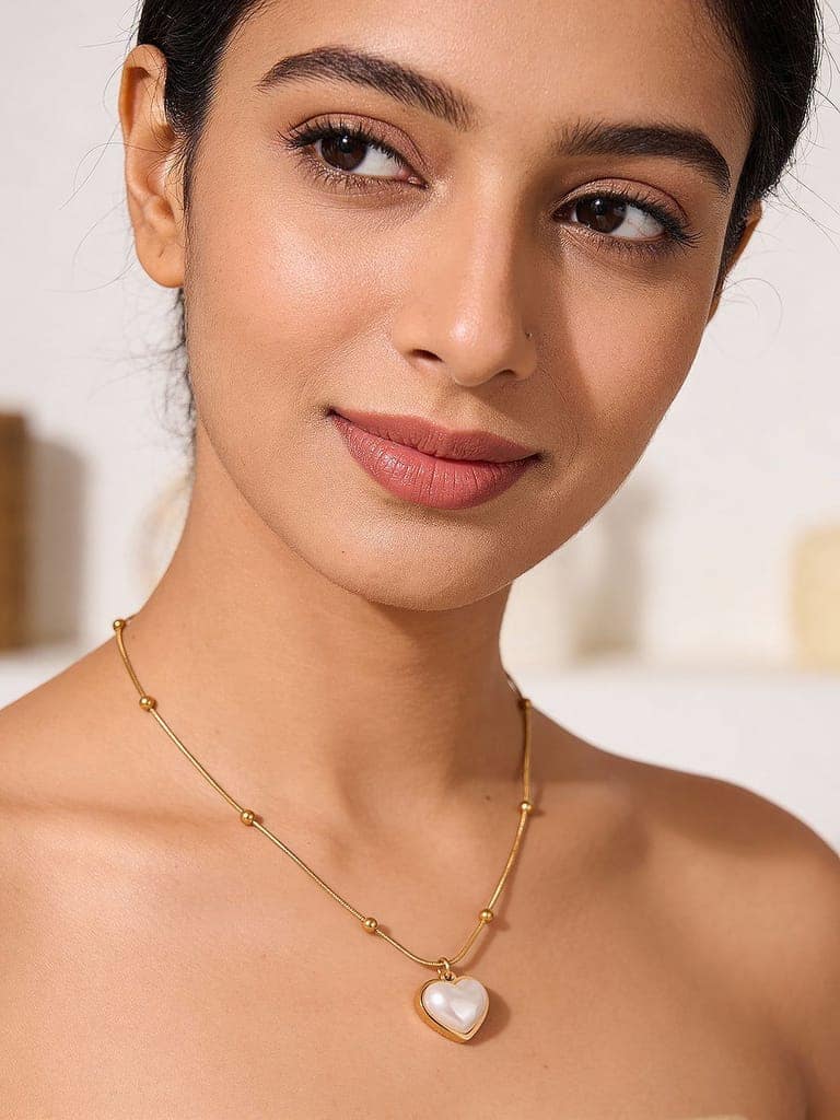 Gold Toned Pearl Beaded Heart Charm Pendant Necklace & Chain view 5