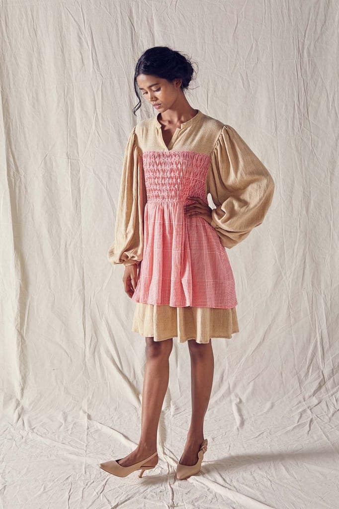 Honeycomb Detail Dress In Beige Organic Cotton And Red Checks Cotton Khadi Mulmul