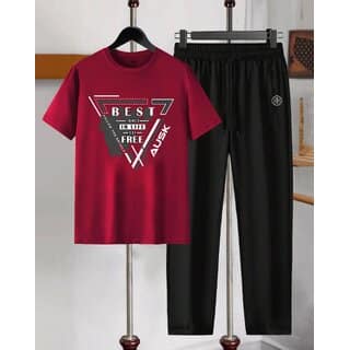 AUSK Mens Casual Graphic Print Cotton Blend Maroon & Black Summer wear Co-ords set of T-Shirt & Trakpant
