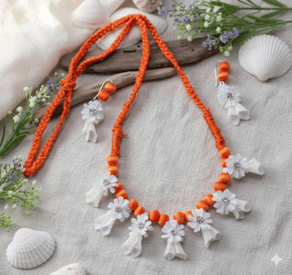 Small Fol & Ful Floral Jewelry Set | Handcrafted Orange Bead Necklace with White Flower Danglers | Lightweight Ethnic Wear