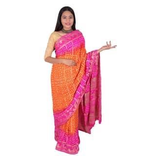 Tribes India Handwoven Orange and Neon Pink Bandhej saree