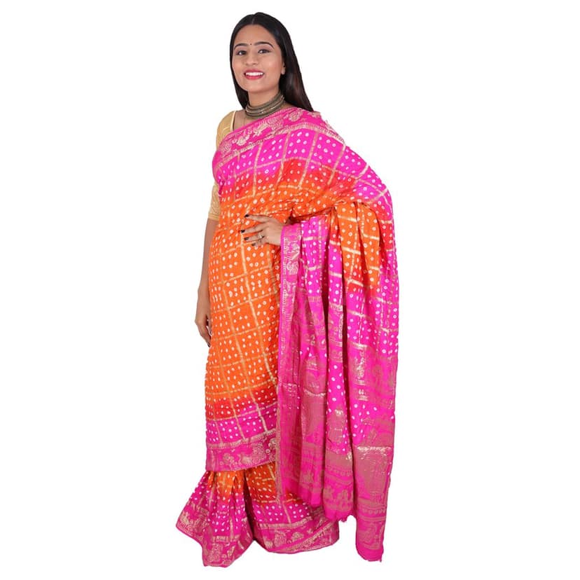Tribes India Handwoven Orange and Neon Pink Bandhej saree view 2