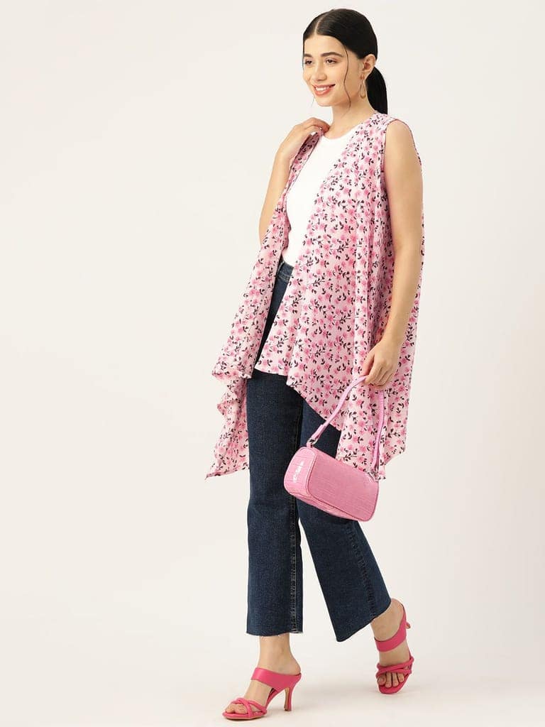 Women Pink Printed Longline Waterfall Shrug view 4